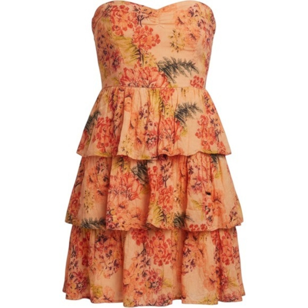 Kimchi Blue Orange Floral Strapless Tiered Ruffle Mini Dress Lace Up Back 6